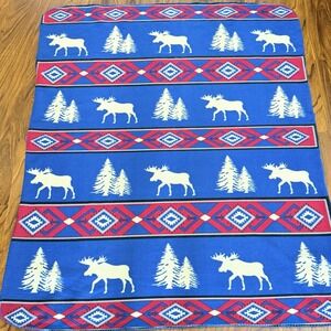 Southwest Moose‎ Tree Fleece Throw Blanket Blue Red Cabin Lodge Rustic 50x60